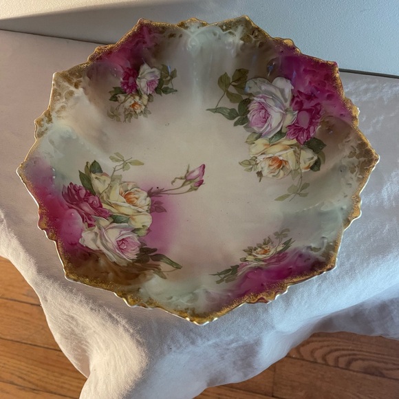 Antique MZ Austria Porcelain Floral Decorative Bowl Hand Painted Rare Gold Roses - Picture 1 of 11